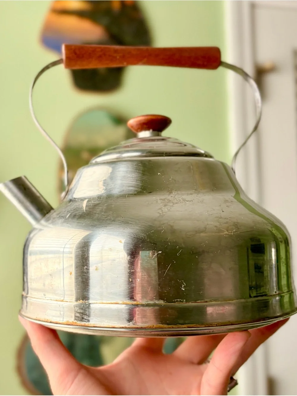Vintage Metal Stainless Steel Teapot Kettle with Wooden Handle Accents
